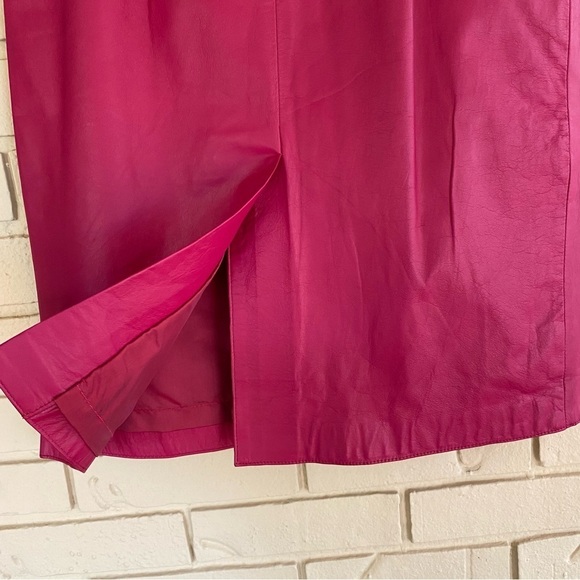 Vintage 80s Pink Leather Women’s Pleated Soft Leather Midi Skirt Back Slit Sz 8 - Picture 3 of 7